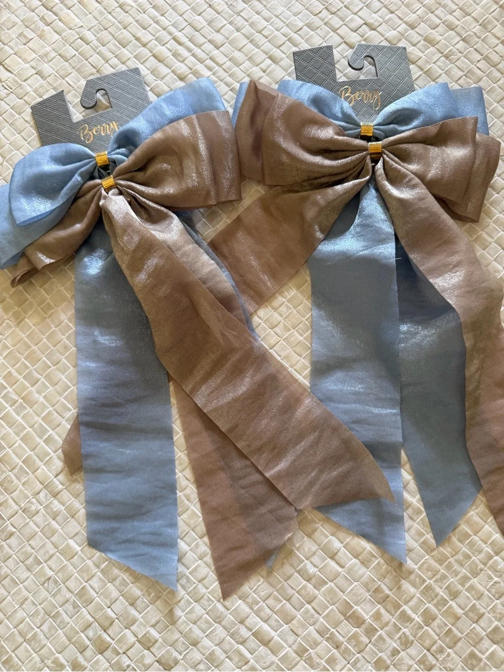 NWT Berry Set of 2 Oversized Satin Bow Hair Clips Blue Taupe Coquette